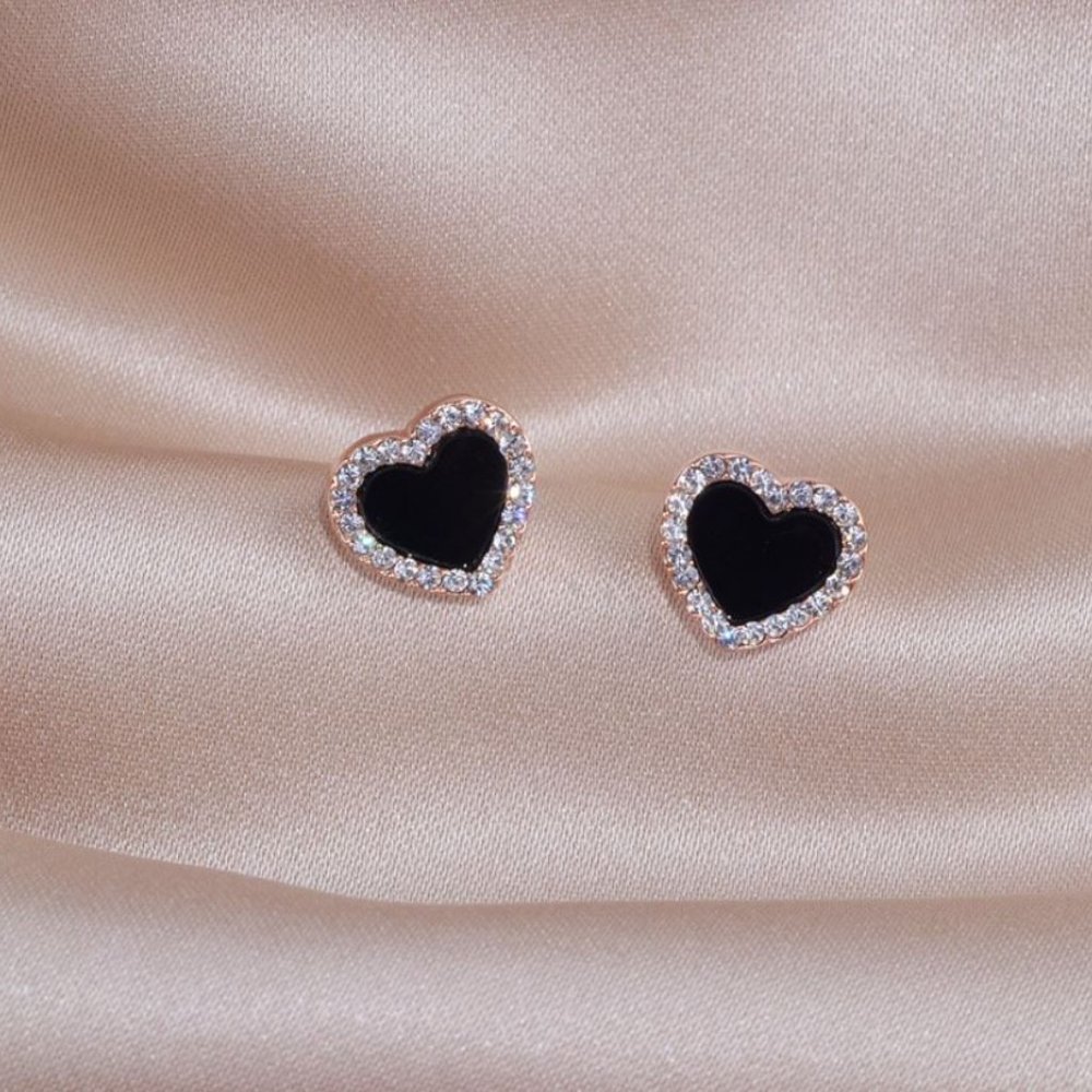 Gold Black Heart Diamond Stud Earrings - Picture 2 of 4